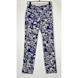 J McLaughlin Pants Women 6 Navy White Tropical Monkey Lemur Print Stretch Cotton